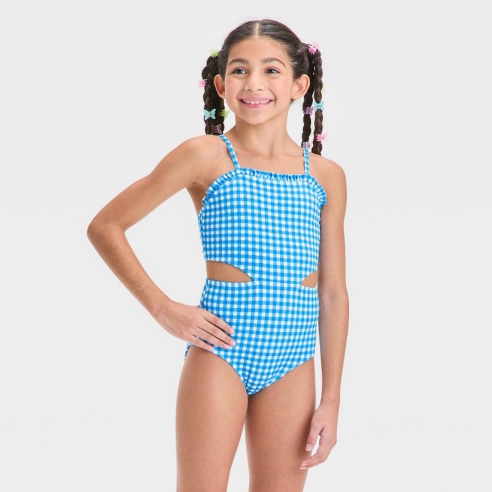 Cat & Jack Girls Gingham Checkered One-Piece Swimsuit Size M(8)